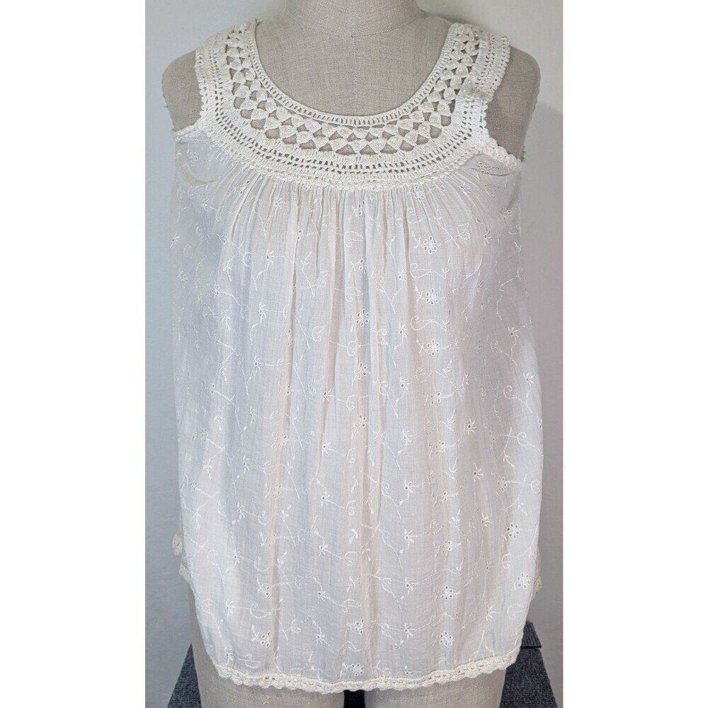 Chaudry KC White Lace Crochet Neckline Boho Tank Top with Sequins Size XL